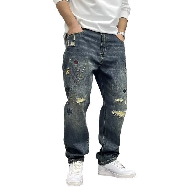 American Style Loose Straight Ripped Spring And Autumn Patch Jeans